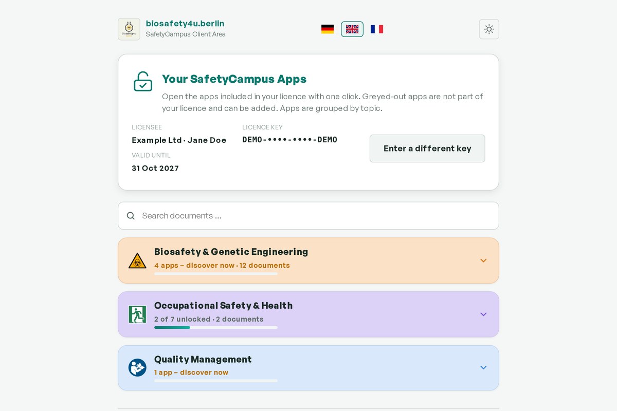SafetyCampus Client Area with apps and documents grouped by topic